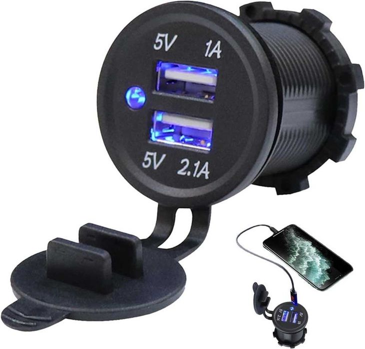 USB зарядно с 2 гнезда за вграждане в таблото 12/24V - 1A/2.1A