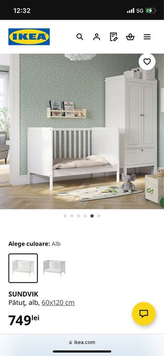 Patut copii, alb, 60x120 cm + saltea