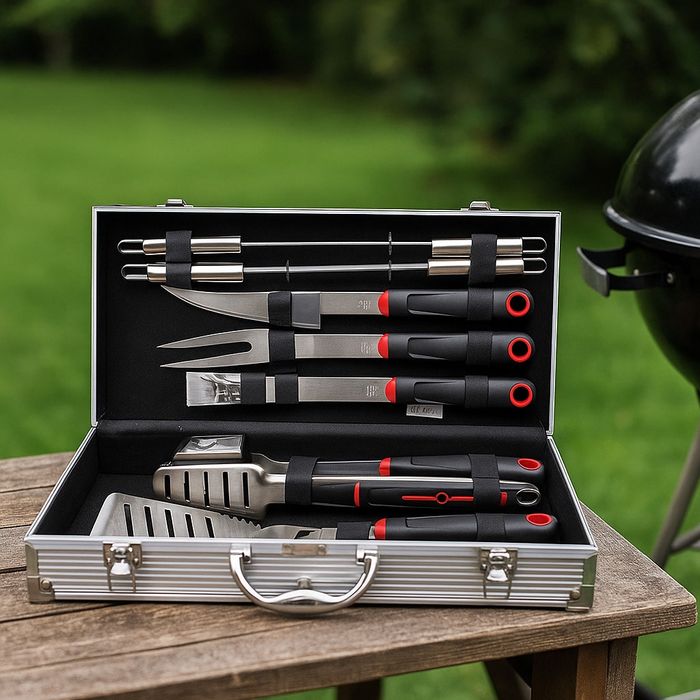 Луксозен комплект от 11 инструмента за барбекю в алуминиев куфар