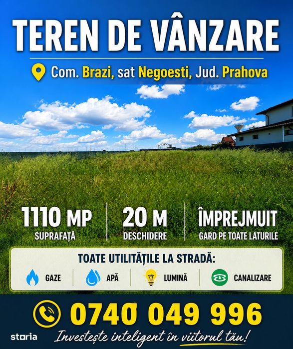 TEREN imprejmuit – 1110 mp Com. Brazi,sat Negoiești, toate utilitatile