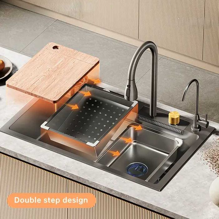 Луксозна голяма кухненска мивка със смесител и аксесоари 80см 75см