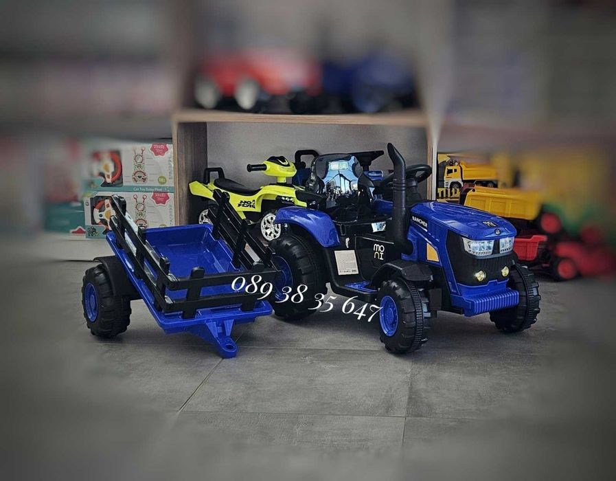 НОВО!Акумулаторен трактор с ремарке Rancher BLUE с 12V,дистанционно
