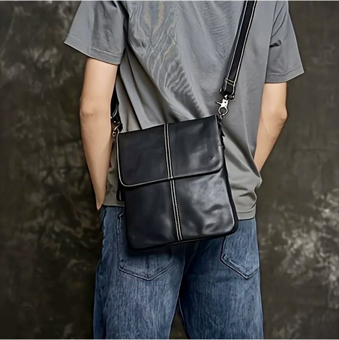 Мъжка луксозна кожена чанта с кръстна инкрустация/Черна -10% Промоция!