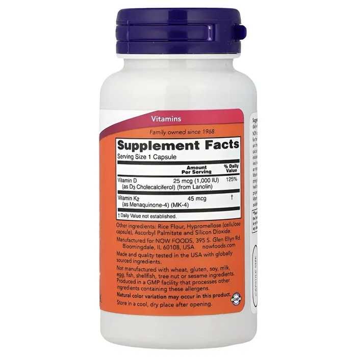 Vitamin D3 & K2 120 caps 1000 IU, Витамин Д3 К2 120, Now foods Америка