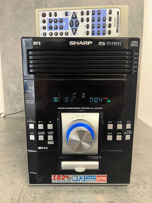 Sharp XL-UH220H micro hi-fi system with a 5-disc CD changer, FM/AM tuner, USB playback, and auxiliary input