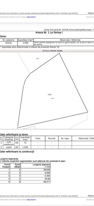 Teren intravilan pentru casa  2000 mp CF , Certificat Urbanism , PUZ , drum asfaltat , utilitati posibilitate dezmembrare in 2 parcele