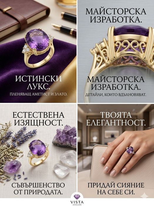 Дамски златен пръстен аметист и диаманти