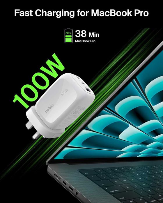 Зарядно Belkin 3-портово 100W, GaN, с 2 USB-C и 1 USB-A порта, бяло