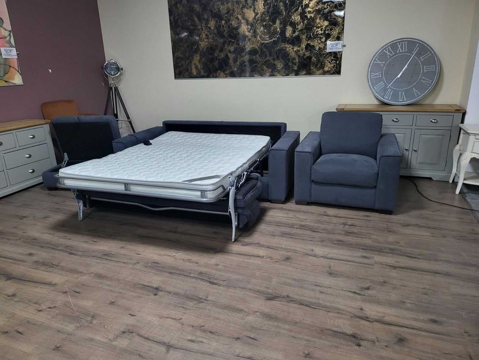 Сив комплект от плат диван тройка с функция сън, фотьойл и табуретка