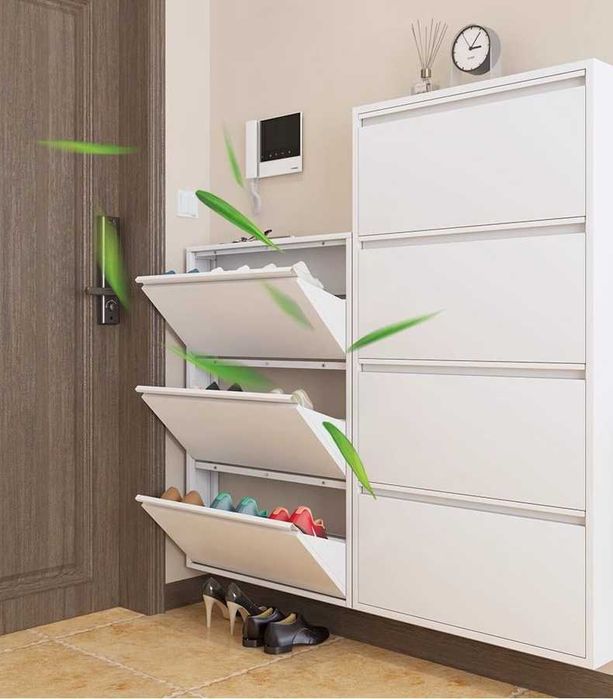 Узкая настенная обувница/Обувной шкаф настенный с полками