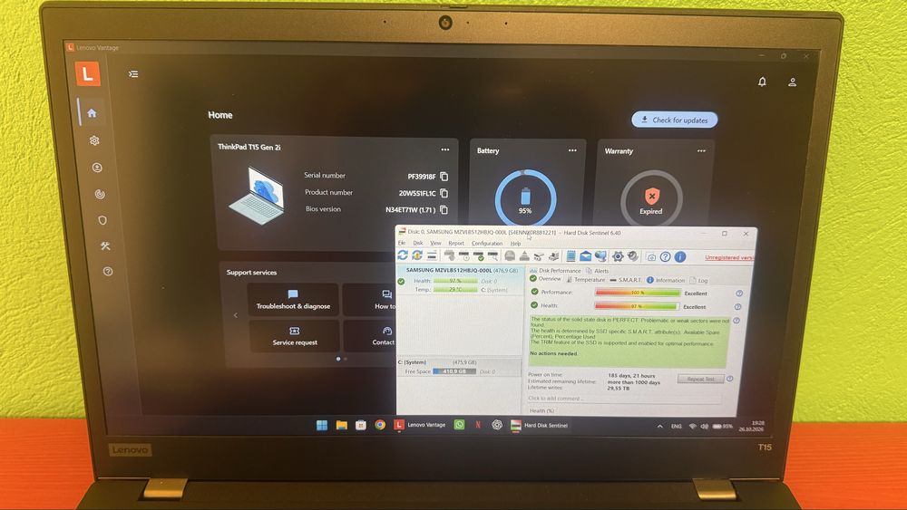 Thinkpad T15 Gen 2i, core I7-1185G7, 32 GB RAM, 512 GB NVME Samsung