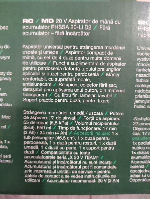 Aspirator de mana Parkside pe acumulator de 20 V