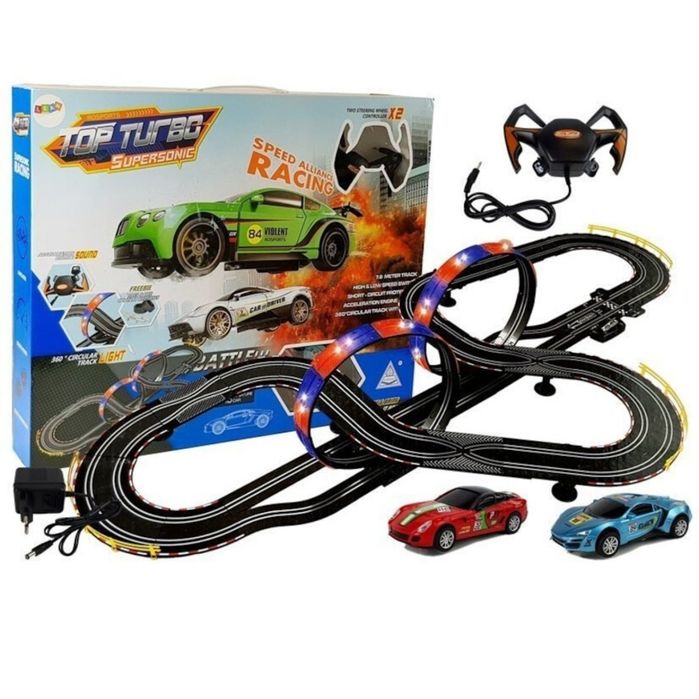 Circuit de curse 1:43, LEAN TOYS, 2 masinute rosie si albastra, 7,6 m