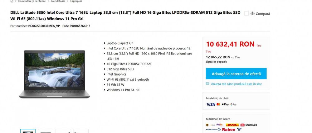 Laptop Business Dell Latitude 5350 13.3" FHD Touch Intel Core Ultra 7 165H 32GB Ram 512GB SSD Win11 Pro Nou-Sigilat Factura Firma AlienStore.ro