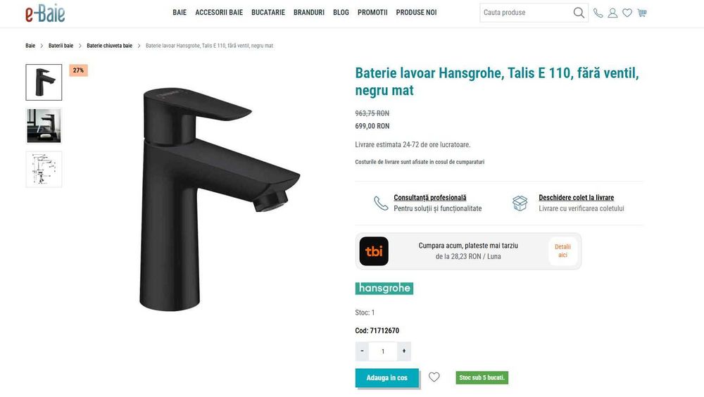 Baterie lavoar Hansgrohe, Talis E 110, fără ventil, negru mat