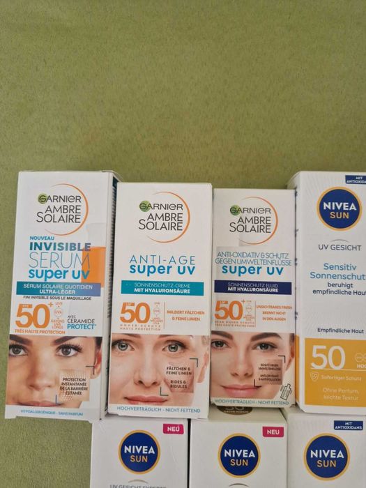 Нивея,Гарние и Лореал слънцезащитен крем за лице SPF 50 и серуми Нови