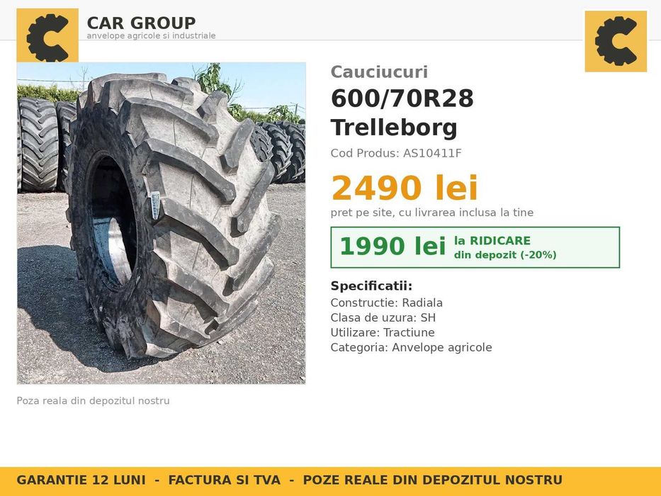 Cauciucuri 600/70R28 Trelleborg Anvelope Tractor MARE Fata SH TVA