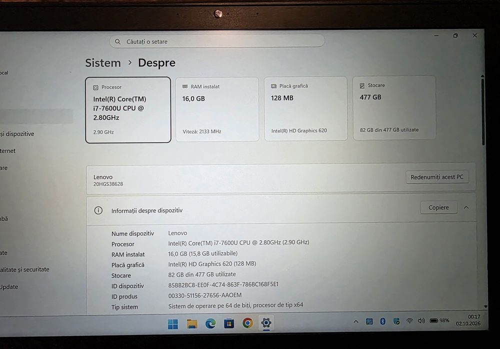 Vand Laptop Lenovo T470s intel i7, 16gb ram, ssd 500gb, Doua baterii interne.