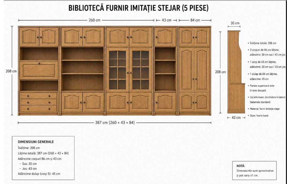 Bibliotecă living modulară stejar, 390 cm, 5 corpuri