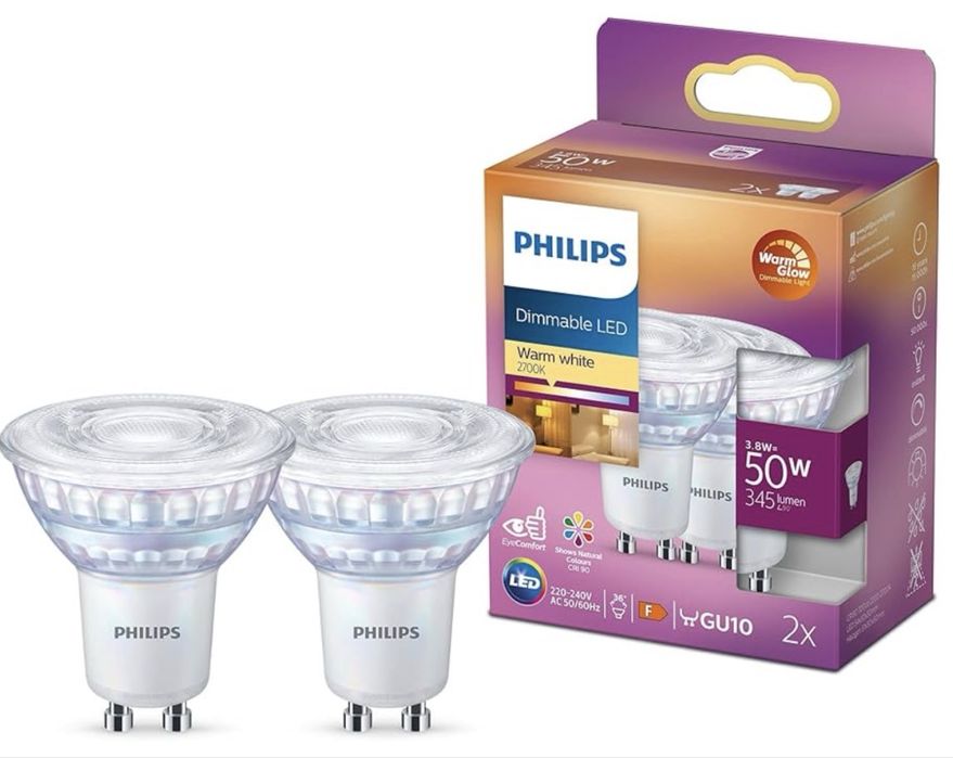 Bec LED Philips Classic GU10 WarmGlow, 50 W 2buc