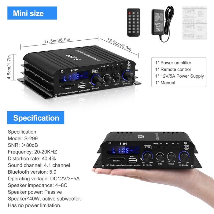 Amplificator audio S-299 Bluetooth 5.0 4.1 canale RMS 40Wx4 Subwoofer