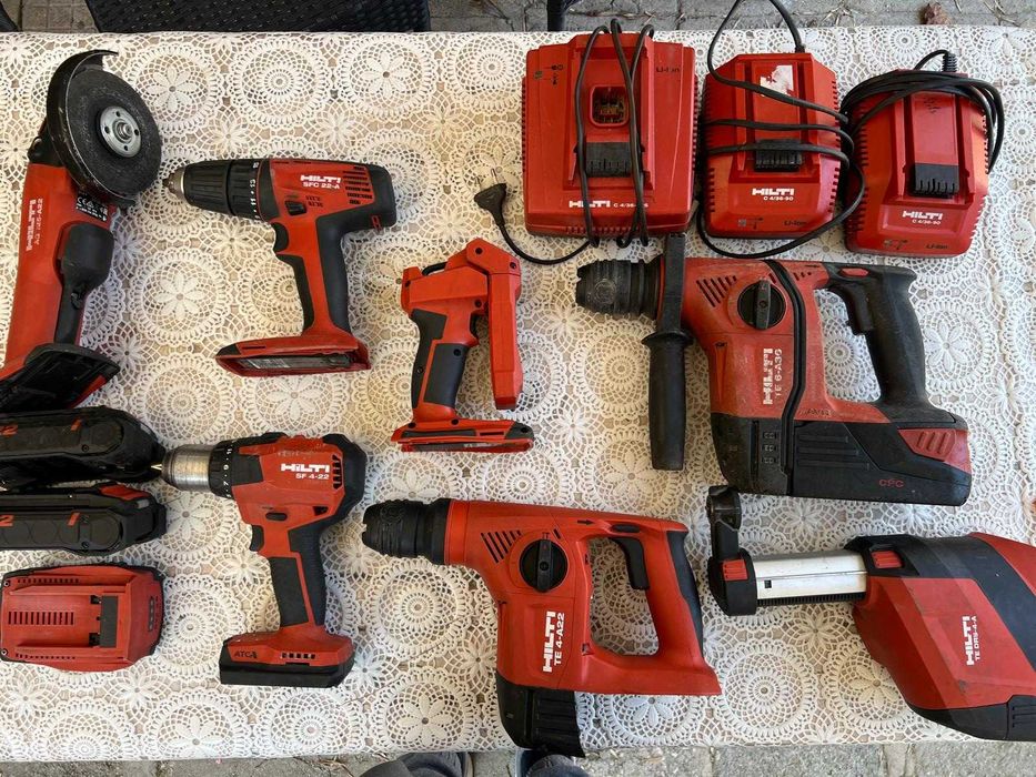 HILTI SDS MAX комбиниран къртач, акумулаторен шлайф, винтоверт, перфоратор с прахоуловител, лампа
