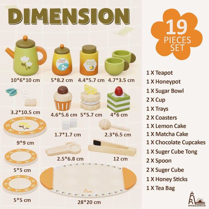 Дървен сервиз за чай, комплект за игра на чай за деца 3+ години