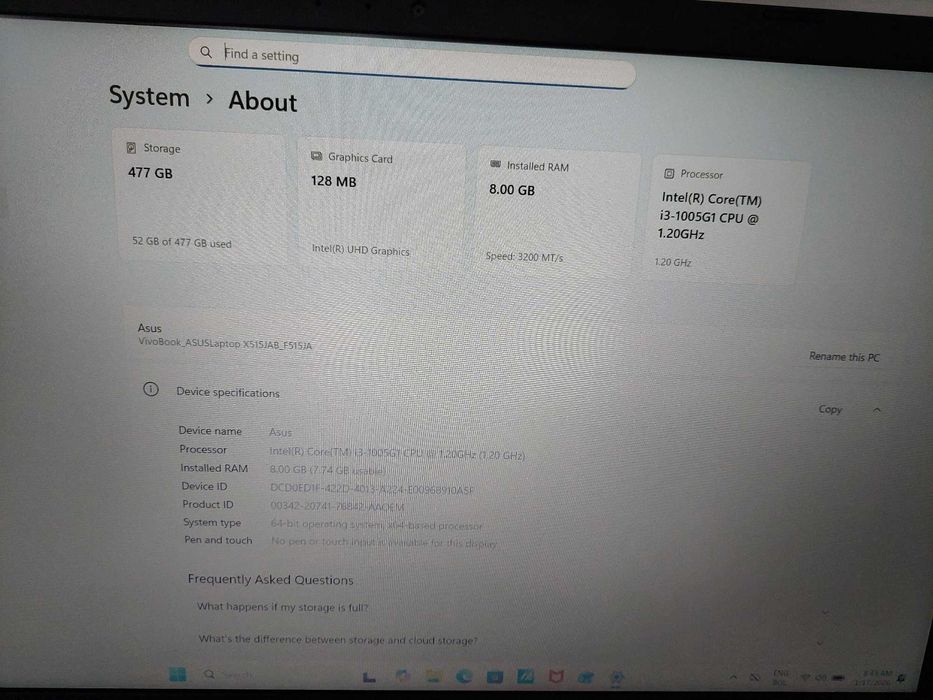 15.6" лаптоп като нов Asus Vivobook F515J Core i3-1005G1 8GB RAM 512GB