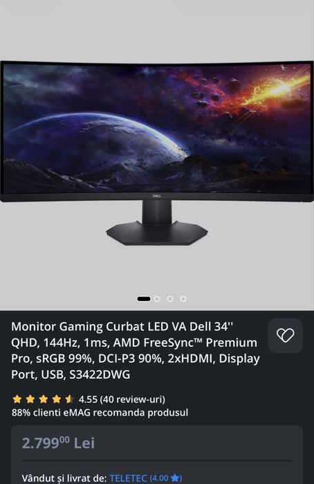 Monitor Gaming Curbat Dell S3422DWG 34” WQHD 144Hz Ultrawide – Stare Impecabilă