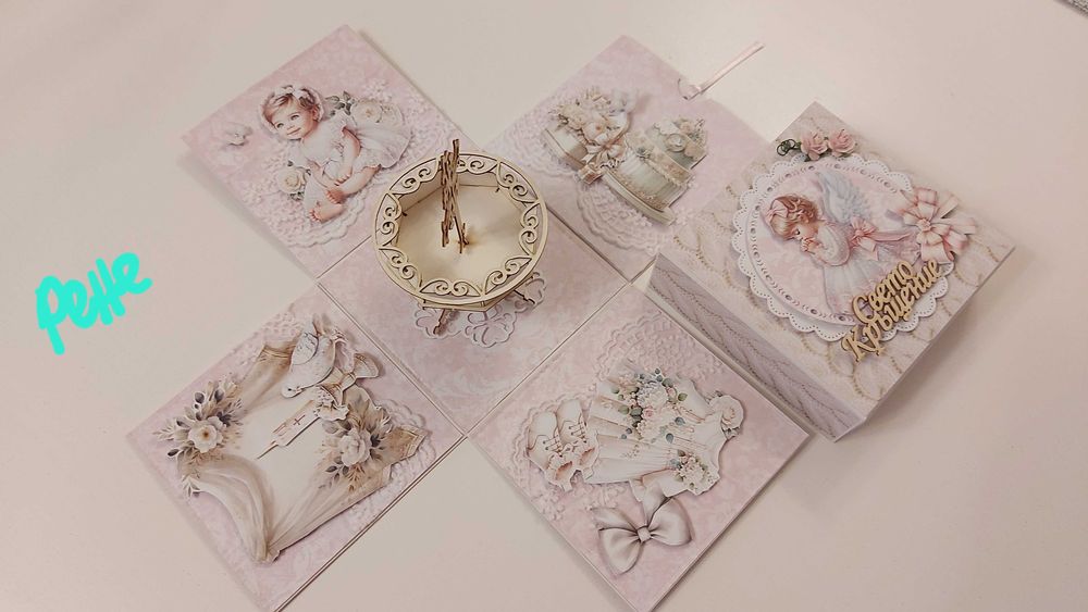 Елегантна картичка в кутия за бебе и кръщене, ръчно изработени