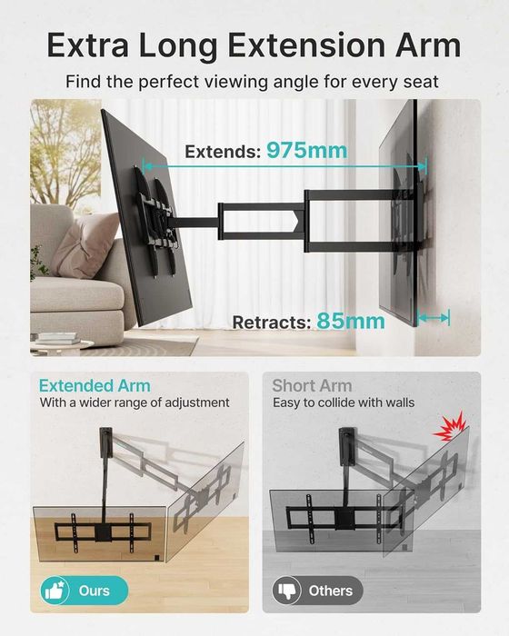 Pegzone поставка за телевизор/монитор (стенен монтаж), 37–86”, VESA до 600x400, удължена 975 мм, товар до 50 кг