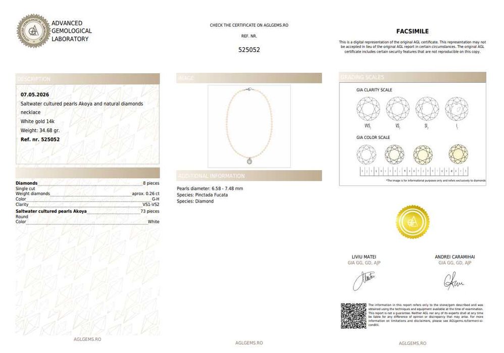 Colier cu un rând de perle Akoya, cu diamante