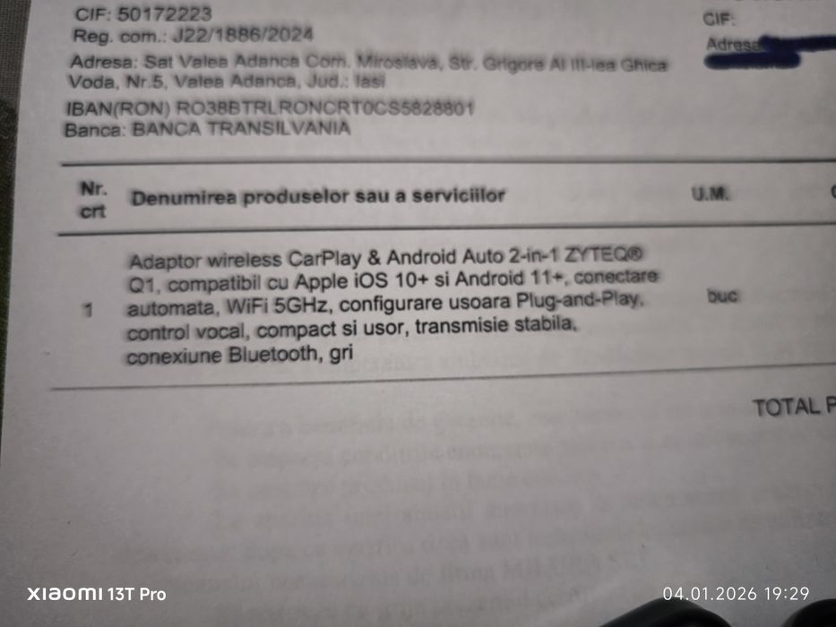 Adaptor auto Carplay WiFi Android auto  / Apple. factură și garanție