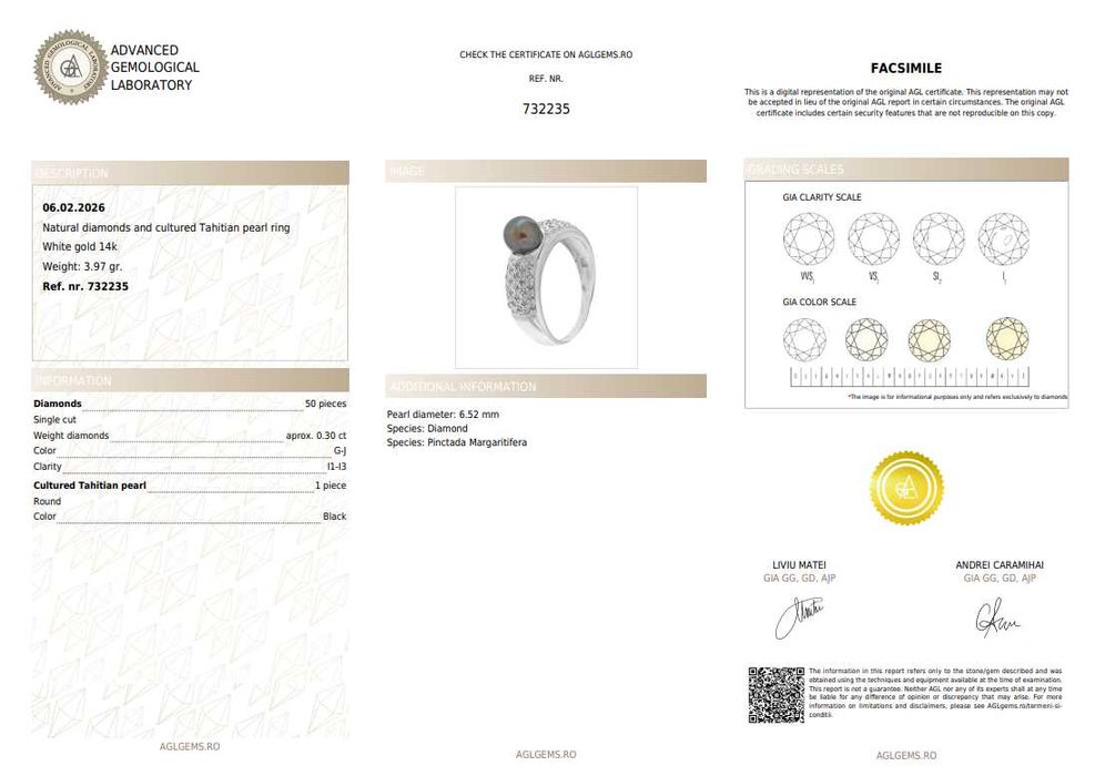 Inel din aur, decorat cu diamante și perlă Tahiti