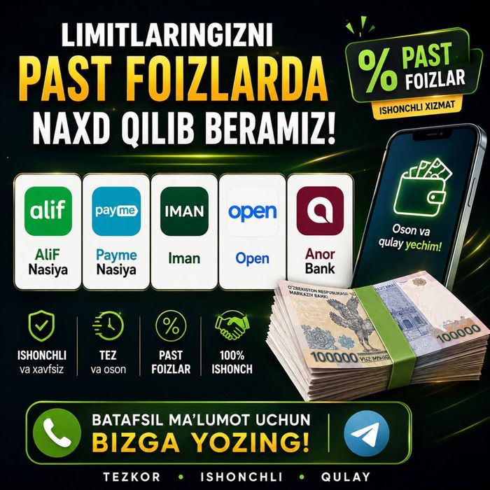 Limitlarni eng kam foizda naqd qilib beramiz
