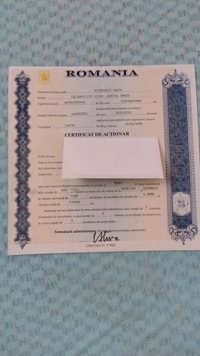 Certificat de acționar Dacia Pitești