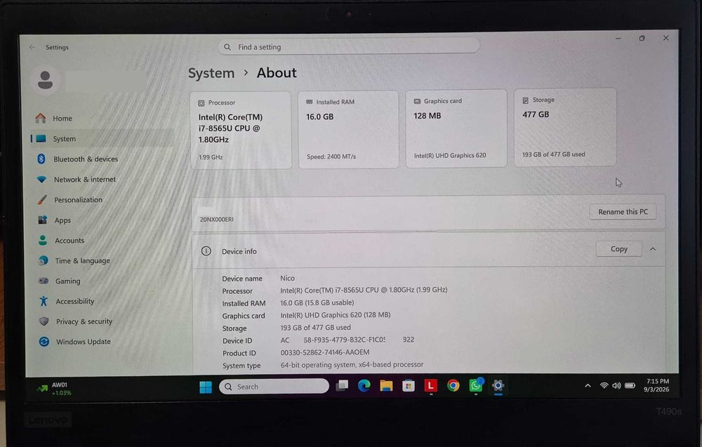 Vand Lenovo ThinkPad T490s – i7 Gen. 8 | 16GB RAM | 512GB SSD NVMe