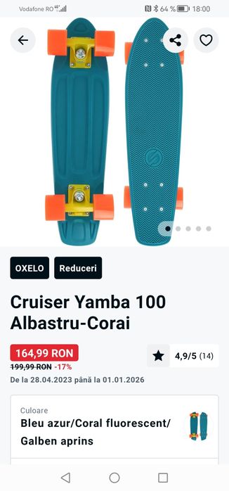 Pennyboard  skateboard Cruiser Yamba 100 Albastru-Corai