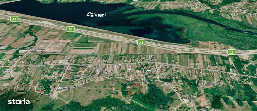 Teren vedere panoramica lac si dealuri Zigoneni, la padure, A1 Curtea