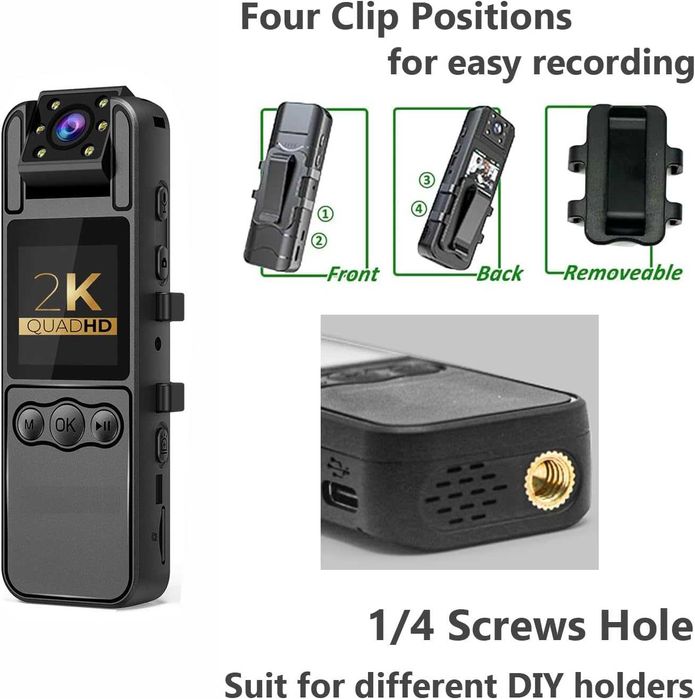 Body камера SecuraLen 1080P с въртящ се обектив на 180, LCD и нощно