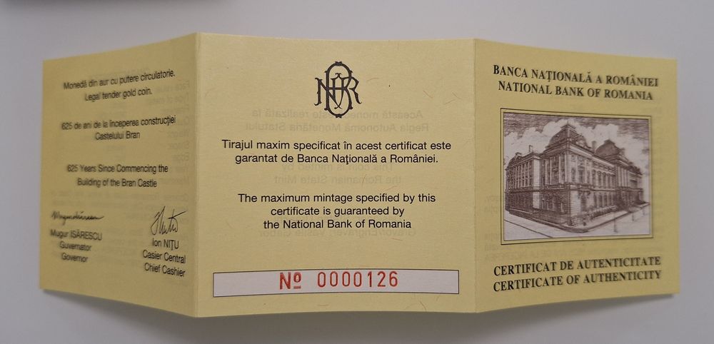 Castelul Bran 2003 Moneda aur BNR