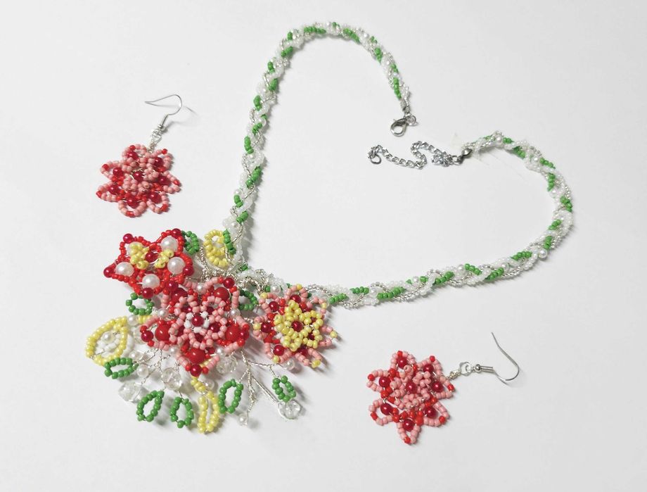Set bijuterii Flori exotice multicolore, colier si cercei , set unicat