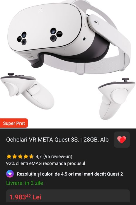 Meta Quest 3S 128GB + Curea BOBOVR + Accesorii și Cutie