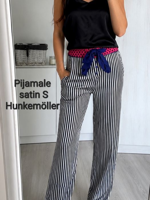 Pantaloni pijama satin Hunkemöller S dungi alb negru buzunare funda lenjerie satin lounge