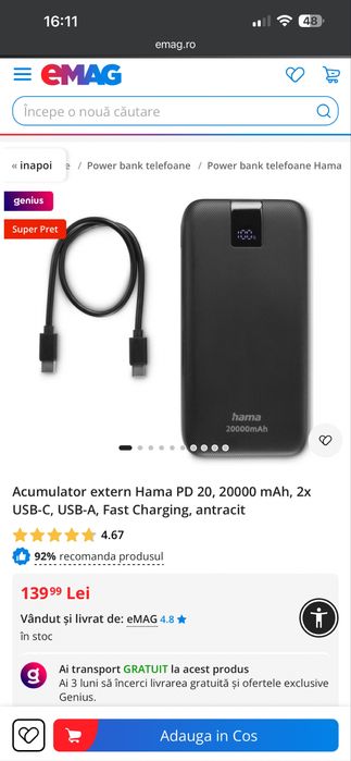 Baterie externa HAMA 20W