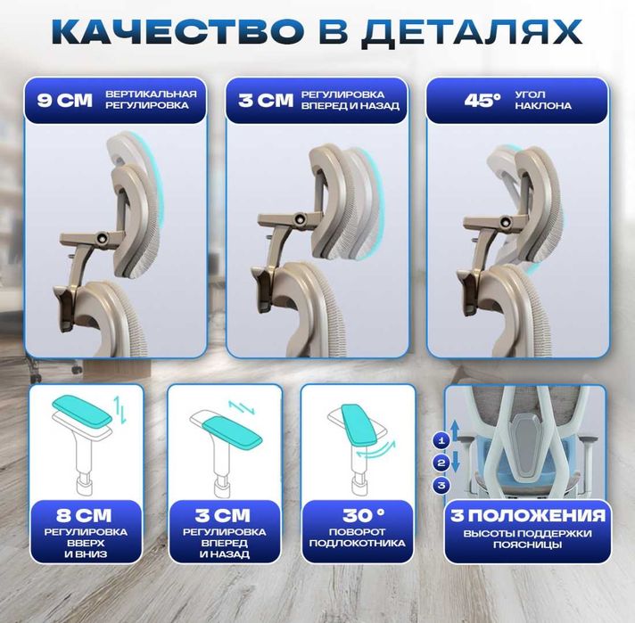 Офисное кресло эргономичное с регулировками 5D