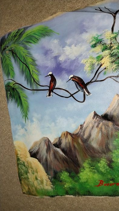 Tablou ulei pe pânză semnat „Bucuroiu ’96” – peisaj montan cu păsări –