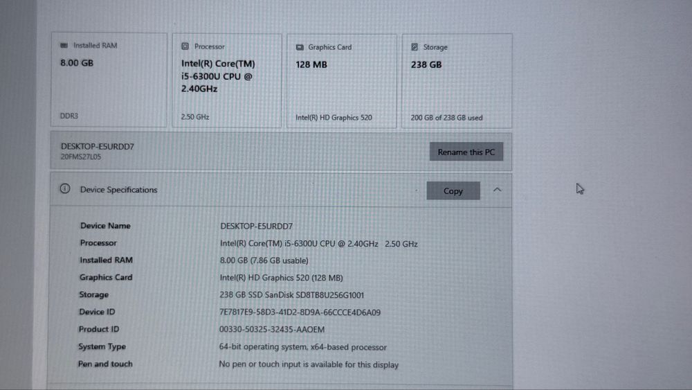 Laptop Lenovo T460, I5 2.4Ghz, 8GB Ram, 250GB SSD