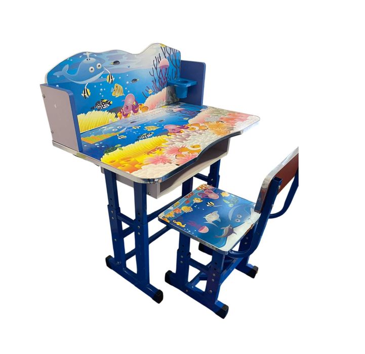 Set birou copii AJUSTABIL cu scaun, metal si MDF imprimat, Albastru