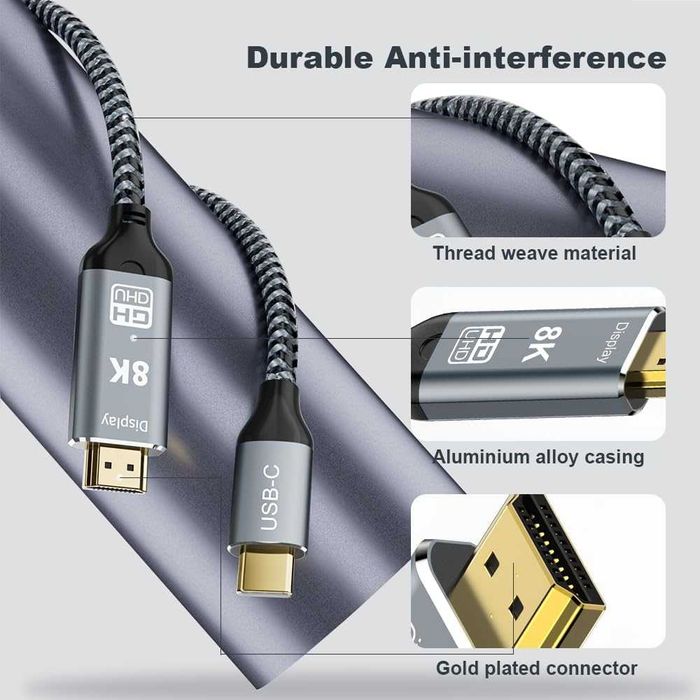 USB C към HDMI 2.1 кабел, 1,8 м, 8K/60Hz, Thunderbolt 3/4/5 към HDMI